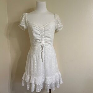 Princess Polly White Clip Dot Mini Dress Ruched Bust Ruffle Hem Size 4